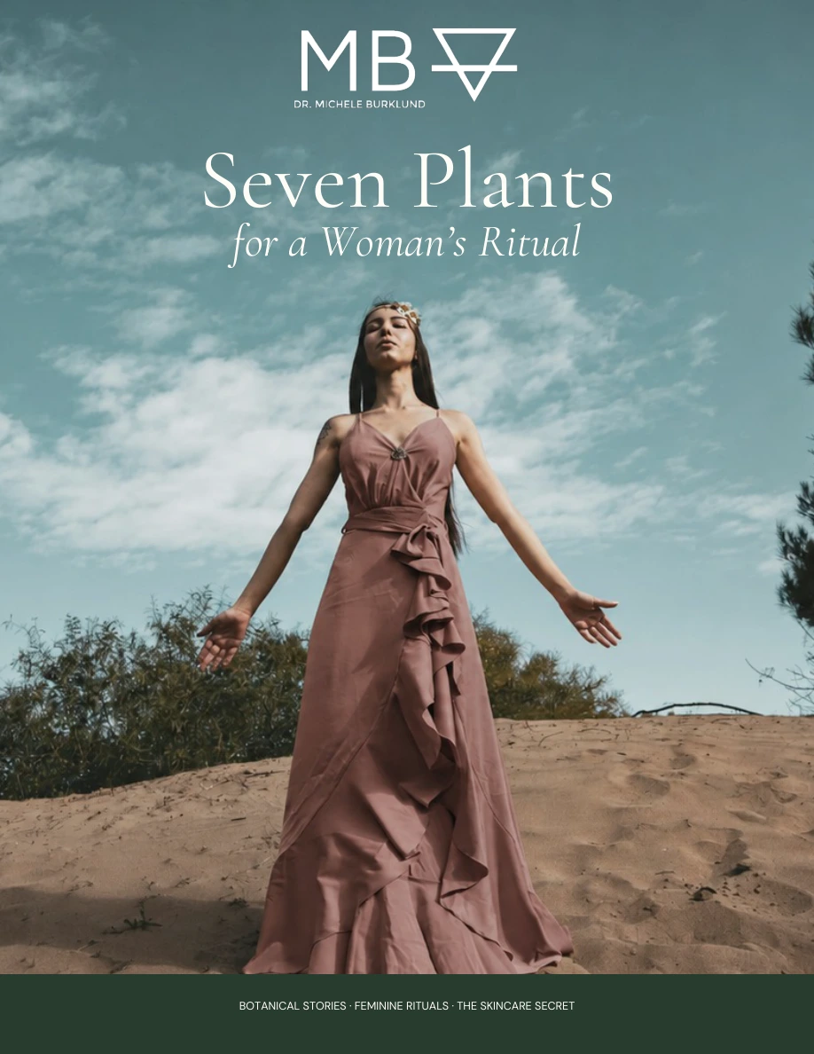 Seven Plants for a Woman’s Ritual by Dr. Michele Burklund, with a woman in a muted rose-brown dress