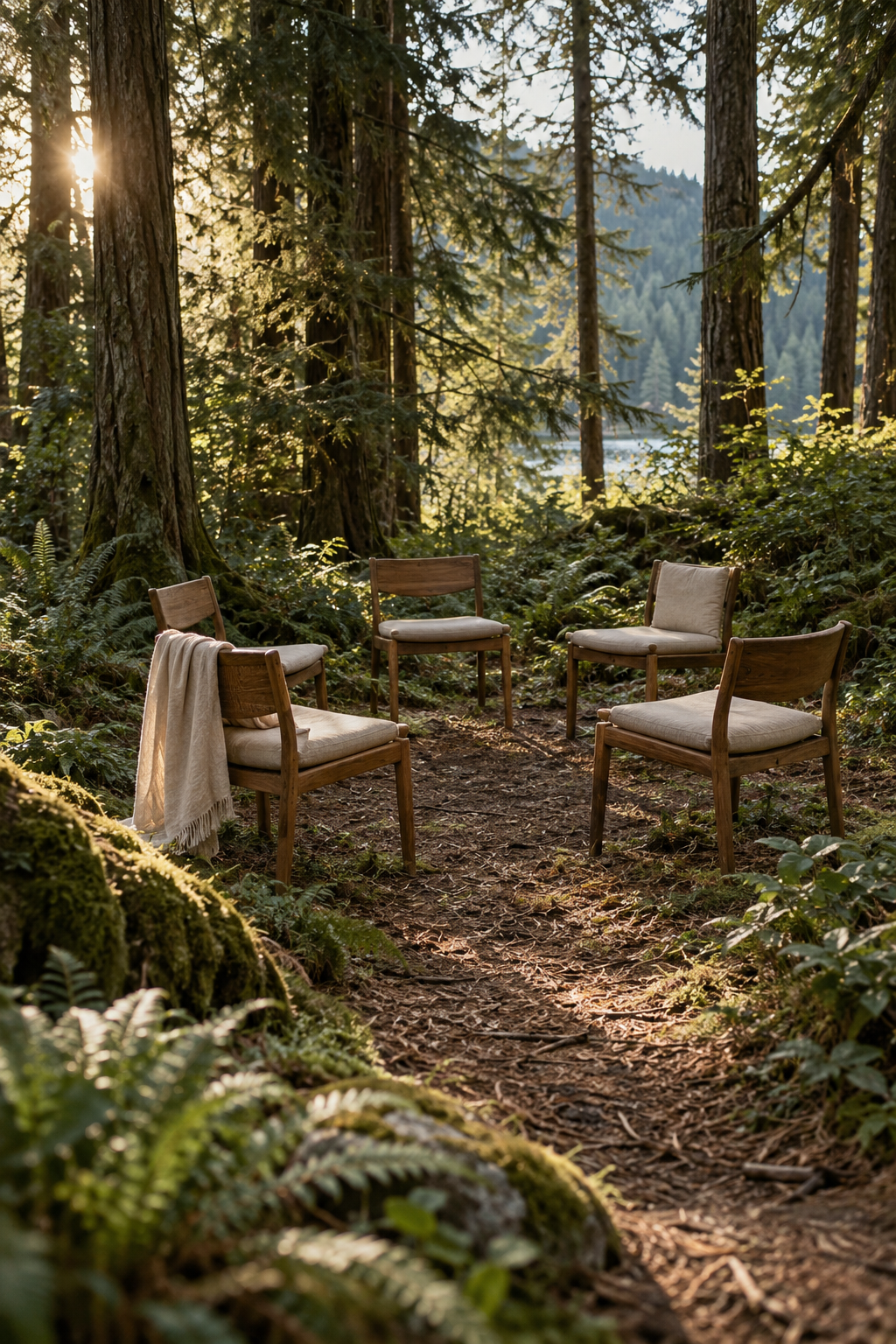 An imagined circle of empty wooden chairs in a peaceful cedar grove