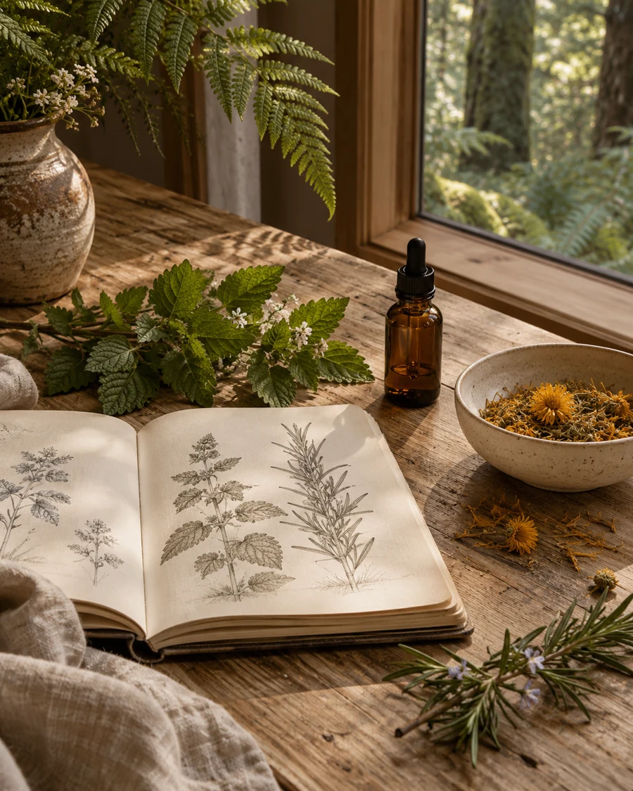 Fresh lemon balm, a botanical book, and dried flowers on a wooden table by a forest window