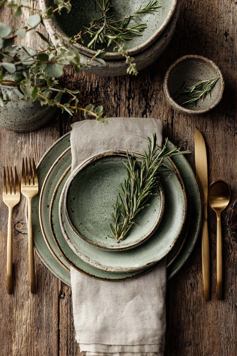 Green ceramic plates with rosemary, a linen napkin, and gold-colored cutlery on a wooden table