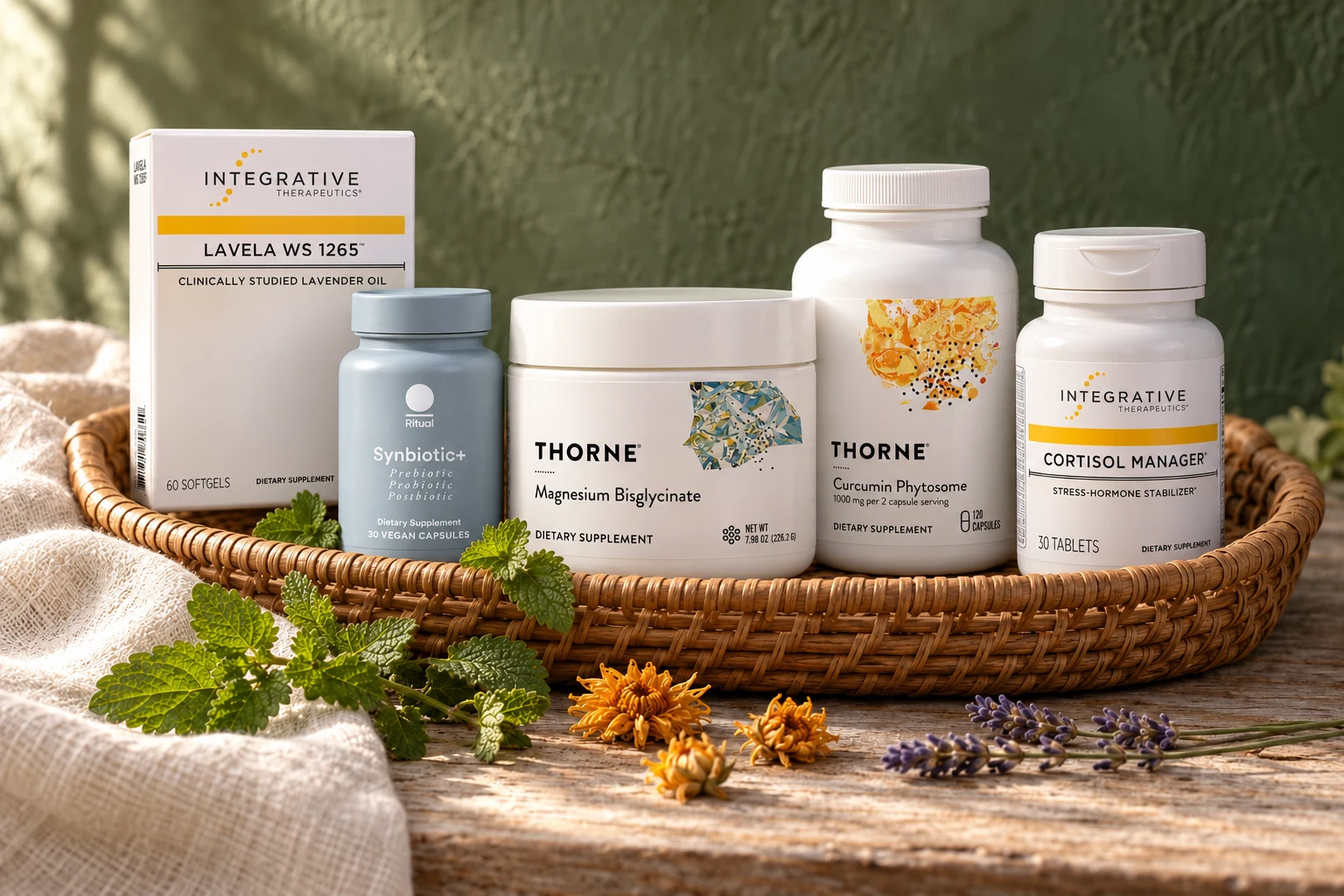 Dr. Michele Burklund’s selected Grief Medicine products, including Ritual Synbiotic+, arranged in a basket with lemon balm and calendula