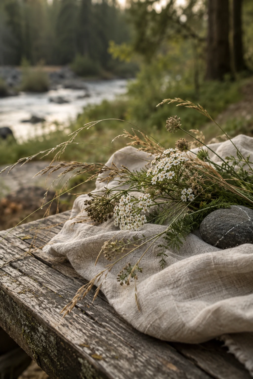 Wild grasses and white yarrow on linen beside a smooth river stone