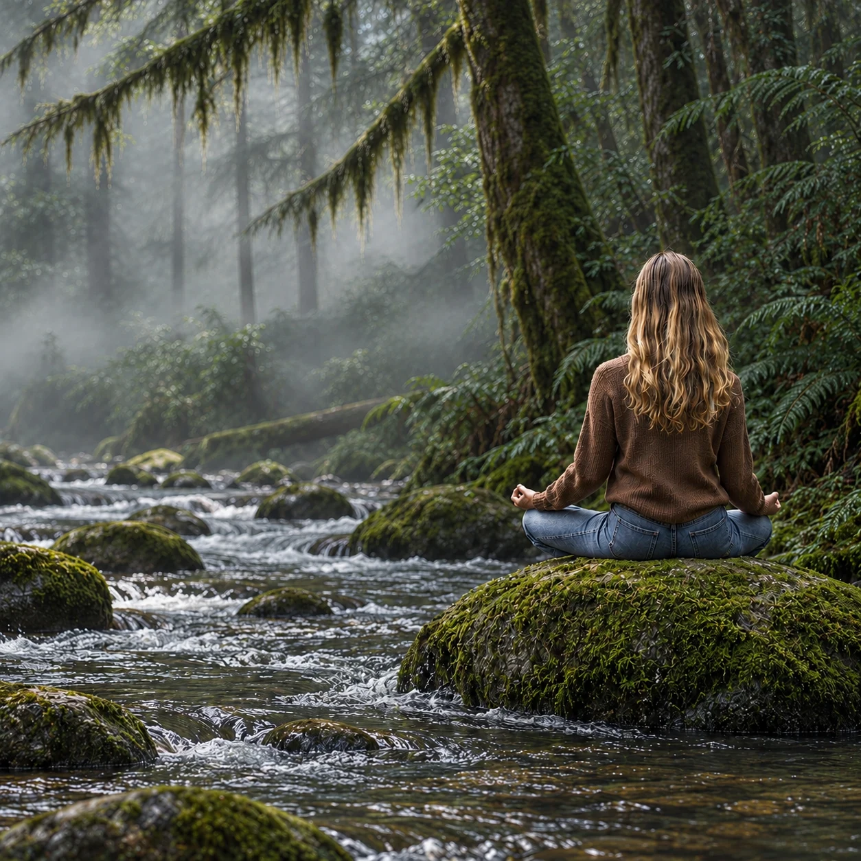 A woman in a brown wool sweater and jeans meditates beside flowing water beneath moss-covered forest trees and soft fog