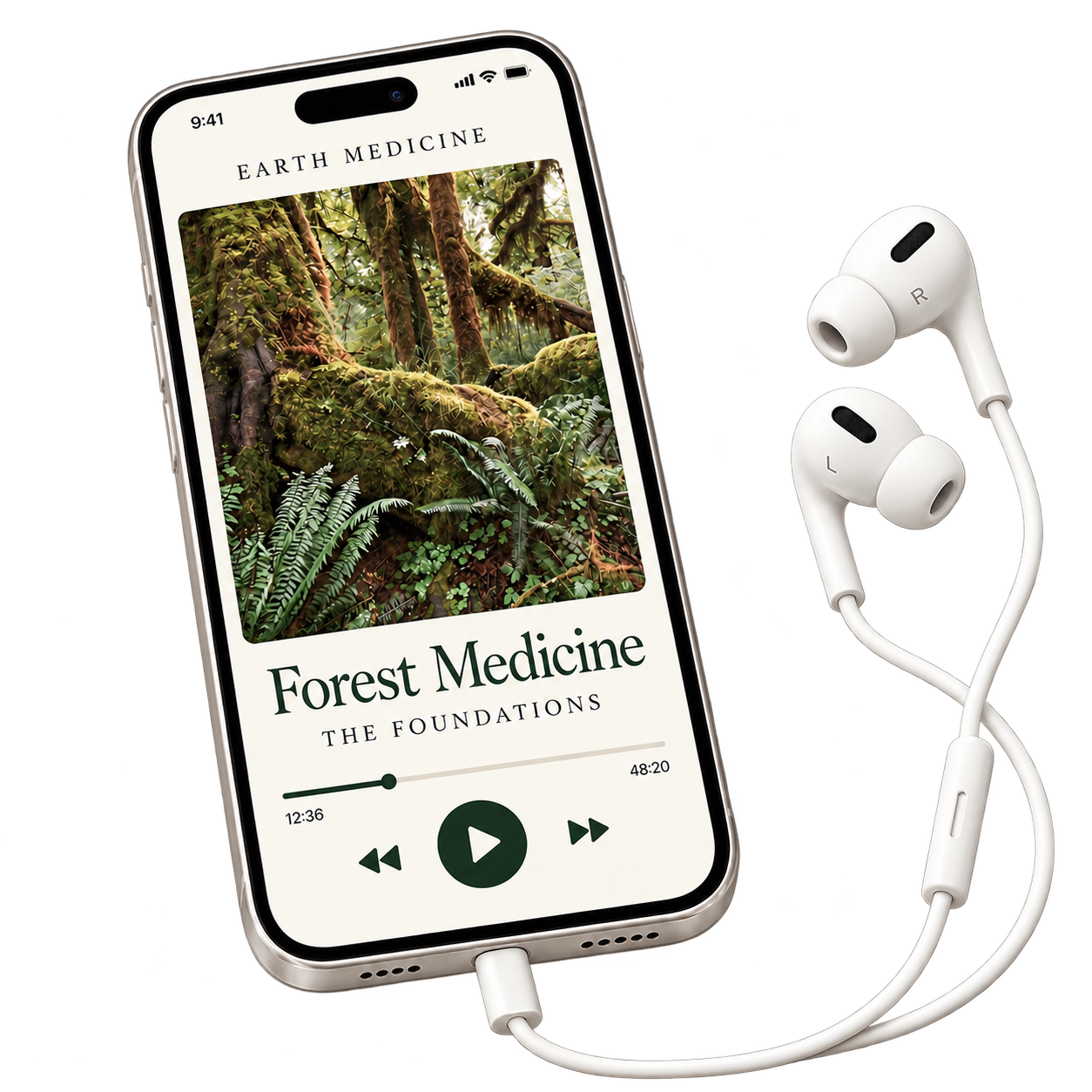 Forest Medicine from The Foundations, with a softly toned woodland photograph on an Earth Medicine phone beside white earphones
